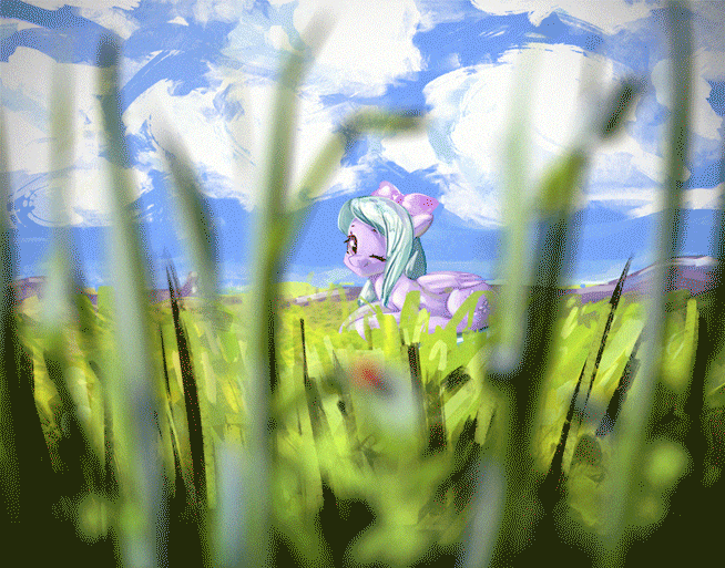 Size: 654x513 | Tagged: safe, artist:mirroredsea, character:flitter, species:pegasus, species:pony, animated, bow, cloud, cute, depth of field, female, gif, grass, hair bow, ladybug, looking at you, mare, one eye closed, prone, sky, smiling, solo, wink