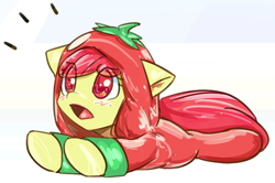 Size: 746x495 | Tagged: safe, artist:mirroredsea, character:apple bloom, species:pony, adorabloom, blushing, clothing, costume, cute, eye clipping through hair, female, floppy ears, food, hoodie, prone, solo, tomato, weapons-grade cute