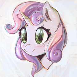 Size: 900x900 | Tagged: dead source, safe, artist:mirroredsea, character:sweetie belle, species:pony, species:unicorn, friendship is witchcraft, sweetie bot, blushing, bust, cute, diasweetes, female, filly, foal, horn, portrait, robot, robot pony, smiling, solo