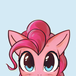 Size: 1000x1000 | Tagged: dead source, safe, artist:mirroredsea, part of a set, character:pinkie pie, species:earth pony, species:pony, blue background, blushing, bust, cute, diapinkes, female, looking at you, mare, peeking, portrait, simple background, solo