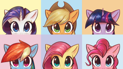 Size: 2976x1674 | Tagged: safe, artist:mirroredsea, edit, character:applejack, character:fluttershy, character:pinkie pie, character:rainbow dash, character:rarity, character:twilight sparkle, species:earth pony, species:pegasus, species:pony, species:unicorn, anonymous editor, blue background, blushing, bust, clothing, cowboy hat, cute, female, hat, looking at you, mane six, mare, multicolored hair, peeking, simple background, stetson, wallpaper, yellow background
