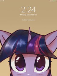 Size: 1536x2048 | Tagged: safe, artist:mirroredsea, character:twilight sparkle, blushing, horn, lockscreen, looking at you, phone wallpaper, simple background, yellow background