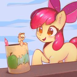 Size: 2800x2800 | Tagged: safe, artist:mirroredsea, character:apple bloom, character:applejack, species:earth pony, species:pony, adorabloom, appletini, blushing, bow, cute, female, filly, hair bow, high res, mare, micro, size difference, smiling