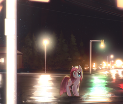 Size: 3542x3000 | Tagged: safe, artist:mirroredsea, character:pinkamena diane pie, character:pinkie pie, species:earth pony, species:pony, alternate hairstyle, blushing, cute, cuteamena, diapinkes, female, house, lamppost, looking at you, mare, night, road, short hair, sky, solo, stars, street, traffic light, worried