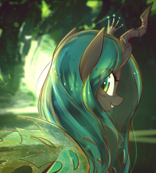 Size: 3521x3892 | Tagged: safe, artist:mirroredsea, character:queen chrysalis, species:changeling, species:pony, changeling queen, crown, cute, cutealis, eye clipping through hair, female, high res, horn, jewelry, lidded eyes, looking at you, looking back, looking back at you, mare, regalia, slit eyes, smiling, solo, wings