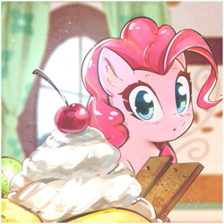 Size: 2800x2800 | Tagged: safe, artist:mirroredsea, character:pinkie pie, species:earth pony, species:pony, :o, cherry, cute, dessert, diapinkes, ear fluff, eyes on the prize, female, food, ice cream, indoors, looking at you, mare, open mouth, solo, sugarcube corner