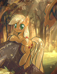 Size: 2237x2900 | Tagged: safe, artist:mirroredsea, character:applejack, species:earth pony, species:pony, clothing, colored pupils, cowboy hat, cute, dappled sunlight, eye clipping through hair, female, forest, hat, hatless, jackabetes, leaning, looking at you, mare, missing accessory, scenery, smiling, solo