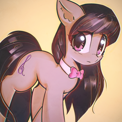 Size: 2800x2800 | Tagged: safe, artist:mirroredsea, character:octavia melody, species:earth pony, species:pony, bow tie, cute, ear fluff, eye clipping through hair, female, looking away, mare, solo, standing, tavibetes, three quarter view, walking