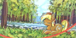 Size: 4450x2253 | Tagged: safe, artist:mirroredsea, oc, oc only, oc:creekseed, species:earth pony, species:pony, cute, eyes closed, female, forest, mare, ocbetes, outdoors, prone, river, scenery, smiling, solo, tree