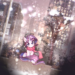 Size: 2800x2800 | Tagged: safe, artist:mirroredsea, character:rarity, species:pony, species:unicorn, blushing, building, city, cityscape, clothing, cute, dutch angle, female, head tilt, horn, looking at you, mare, outdoors, raribetes, scarf, sitting, skyline, smiling, snow, snowfall, solo, tree, winter outfit
