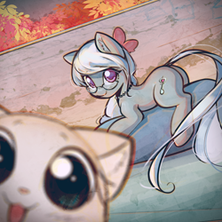 Size: 3000x3000 | Tagged: safe, artist:mirroredsea, character:silver spoon, species:earth pony, species:pony, autumn, cat, cute, female, filly, glasses, leaves, looking at you, photobomb, prone, selfie, smiling, wall