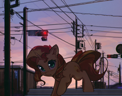 Size: 3206x2532 | Tagged: safe, artist:mirroredsea, character:sunset shimmer, species:pony, species:unicorn, blushing, cute, ear fluff, female, looking at you, mare, open mouth, raised hoof, shimmerbetes, shy, solo, traffic light, twilight (astronomy), wires