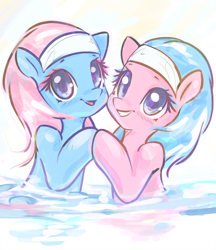 Size: 2806x3252 | Tagged: safe, artist:mirroredsea, character:aloe, character:lotus blossom, species:earth pony, species:pony, bust, colored sketch, cute, duo, duo female, female, headband, looking at you, mare, sisters, smiling, spa twins, spaww twins, water