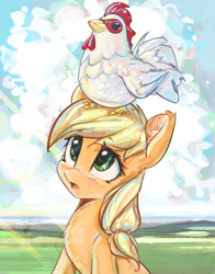 Size: 1933x2460 | Tagged: safe, artist:mirroredsea, character:applejack, species:chicken, species:earth pony, species:pony, cloud, cucco, cute, ear fluff, female, jackabetes, looking up, mare, missing accessory, sitting on head, the legend of zelda