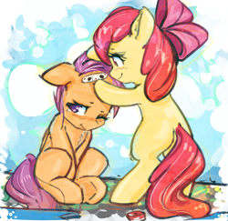 Size: 2725x2645 | Tagged: safe, artist:mirroredsea, character:apple bloom, character:scootaloo, species:earth pony, species:pegasus, species:pony, adorabloom, bandaid, blank flank, bow, caring, crying, cute, cutealoo, duo, duo female, female, filly, hair bow, missing cutie mark, scootalove, smiling, this already ended in pain