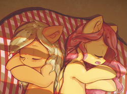 Size: 2853x2122 | Tagged: safe, artist:mirroredsea, character:applejack, character:fluttershy, species:earth pony, species:pegasus, species:pony, ship:appleshy, cute, duo, ear fluff, eyes closed, female, folded wings, jackabetes, lesbian, lying down, mare, on side, shipping, shyabetes, sleeping