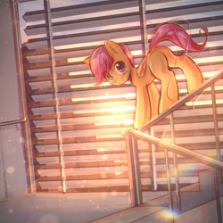 Size: 2800x2800 | Tagged: safe, artist:mirroredsea, character:scootaloo, species:pegasus, species:pony, behaving like a cat, blank flank, blinds, cute, cutealoo, female, folded wings, head turn, lens flare, looking at you, mare, missing cutie mark, plot, railing, solo, stairs, sunlight, window