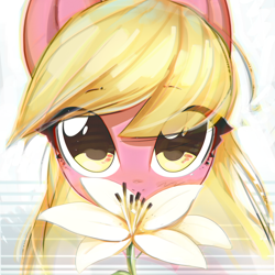 Size: 3800x3800 | Tagged: safe, artist:mirroredsea, character:lily, character:lily valley, species:earth pony, species:pony, bust, cute, eye clipping through hair, eyebrows, eyebrows visible through hair, female, flower, lily (flower), lilybetes, looking at you, mare, portrait, solo