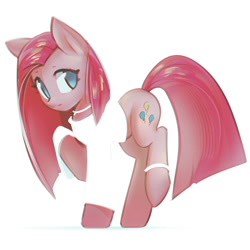 Size: 1200x1200 | Tagged: safe, artist:mirroredsea, character:pinkamena diane pie, character:pinkie pie, species:earth pony, species:pony, anklet, clothing, cute, cuteamena, female, frown, jewelry, looking at you, mare, necklace, raised hoof, raised leg, shirt, simple background, solo, white background
