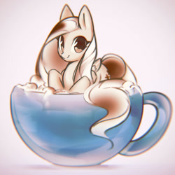 Size: 1210x1210 | Tagged: safe, artist:mirroredsea, character:fluttershy, species:pegasus, species:pony, cappuccino, cup, cup of pony, female, looking at you, mare, micro, partial color, smiling, solo