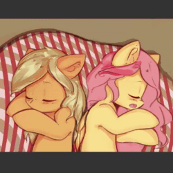 Size: 720x720 | Tagged: safe, artist:mirroredsea, character:applejack, character:fluttershy, species:earth pony, species:pegasus, species:pony, ship:appleshy, animated, cute, duo, ear fluff, eyes closed, female, folded wings, jackabetes, lesbian, lying down, mare, on side, shipping, shyabetes, sleeping, sound, timelapse, webm, wip