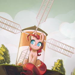 Size: 1201x1201 | Tagged: safe, artist:mirroredsea, character:pinkie pie, species:earth pony, species:pony, cute, diapinkes, female, gorillaz, happy, mare, sky, smiling, solo, sweet dreams fuel, windmill