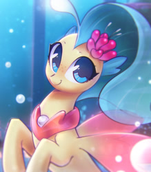 Size: 1100x1258 | Tagged: safe, artist:mirroredsea, character:princess skystar, species:seapony (g4), g4, my little pony: the movie (2017), angler seapony, bioluminescent, bubble, cute, female, freckles, glow, looking at you, skyabetes, smiling, solo, underwater