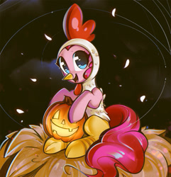 Size: 1202x1245 | Tagged: safe, artist:mirroredsea, character:pinkie pie, species:earth pony, species:pony, animal costume, chicken pie, chicken suit, clothing, costume, cute, diapinkes, female, halloween, holiday, jack-o-lantern, looking at you, mare, nest, open mouth, pumpkin, solo