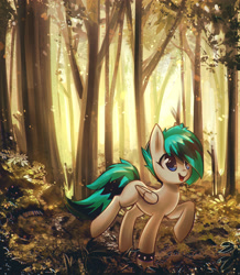Size: 3067x3511 | Tagged: safe, artist:mirroredsea, oc, oc only, oc:frostfire, species:pegasus, species:pony, female, forest, mare, smiling, solo, tree