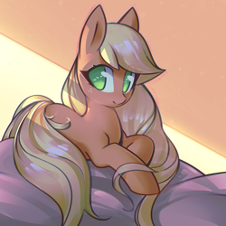 Size: 1402x1402 | Tagged: safe, artist:mirroredsea, character:applejack, species:earth pony, species:pony, cute, female, freckles, jackabetes, long mane, looking back, lying on bed, mare, missing accessory, solo