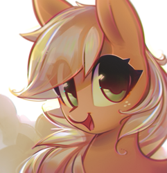 Size: 1351x1404 | Tagged: safe, artist:mirroredsea, character:applejack, species:earth pony, species:pony, abstract background, bust, cute, eye clipping through hair, female, hatless, jackabetes, looking at you, mare, missing accessory, open mouth, smiling, solo