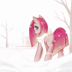 Size: 720x720 | Tagged: safe, artist:mirroredsea, character:pinkamena diane pie, character:pinkie pie, species:earth pony, species:pony, animated, clothing, female, looking at you, looking back, looking back at you, mare, music, rock farm, scarf, silent hill, snow, snowman, solo, sound, webm, wind