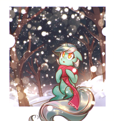 Size: 1322x1404 | Tagged: safe, artist:mirroredsea, character:lyra heartstrings, species:pony, species:unicorn, :o, big tail, clothing, colored pupils, cute, desktop background, female, floppy ears, forest, fourth wall, lyrabetes, mare, night, open mouth, scarf, scenery, sitting, snow, snowfall, solo, tree, wallpaper, winter
