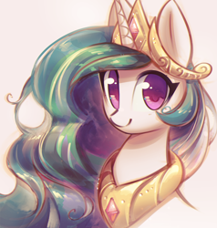 Size: 1404x1472 | Tagged: safe, artist:mirroredsea, character:princess celestia, species:alicorn, species:pony, beautiful, crown, cute, cutelestia, eye clipping through hair, female, jewelry, looking at you, mare, regalia, smiling, solo