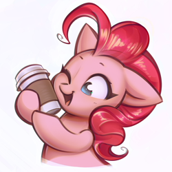 Size: 1404x1404 | Tagged: safe, artist:mirroredsea, character:pinkie pie, species:earth pony, species:pony, coffee, coffee cup, cup, cute, diapinkes, female, mare, pinkie found the coffee, simple background, smiling, solo, xk-class end-of-the-world scenario