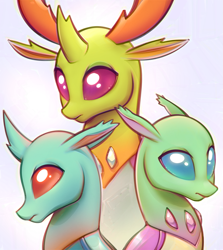 Size: 1343x1505 | Tagged: safe, artist:mirroredsea, character:thorax, species:changeling, species:reformed changeling, bust, changeling king, cornicle, cute, cuteling, male, portrait, simple background, thorabetes, trio