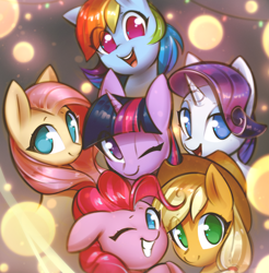 Size: 1986x2019 | Tagged: safe, artist:mirroredsea, character:applejack, character:fluttershy, character:pinkie pie, character:rainbow dash, character:rarity, character:twilight sparkle, species:alicorn, species:earth pony, species:pegasus, species:pony, species:unicorn, bust, cute, dashabetes, diapinkes, eye clipping through hair, female, group, jackabetes, looking at you, mane six, mare, no pupils, one eye closed, open mouth, portrait, raribetes, shyabetes, smiling, twiabetes, wink