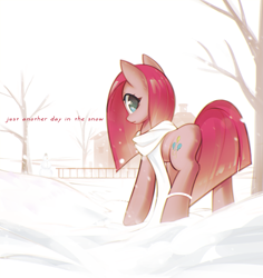 Size: 1323x1404 | Tagged: safe, artist:mirroredsea, edit, character:pinkamena diane pie, character:pinkie pie, species:earth pony, species:pony, clothing, female, looking at you, looking back, looking back at you, mare, rock farm, scarf, snow, snowfall, snowman, solo, text, text edit, winter