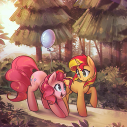 Size: 3213x3213 | Tagged: safe, artist:mirroredsea, character:pinkie pie, character:sunset shimmer, species:earth pony, species:pony, species:unicorn, balloon, bent over, cute, cutie mark, diapinkes, duo, eye contact, female, forest, looking at each other, mare, nature, open mouth, raised hoof, scenery, shimmerbetes, smiling, tree