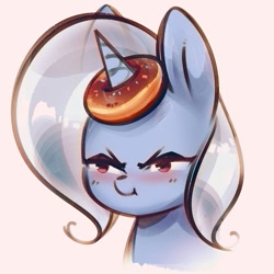 Size: 1200x1200 | Tagged: safe, artist:mirroredsea, character:trixie, species:pony, species:unicorn, :i, blushing, cute, diatrixes, donut, female, food, horn, horn impalement, madorable, mare, ring toss, simple background, solo, squint, the uses of unicorn horns, transparent mane, trixie is not amused, unamused, white background