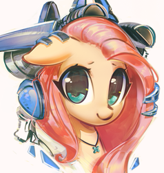 Size: 1200x1261 | Tagged: safe, artist:mirroredsea, character:fluttershy, species:pony, cute, female, headphones, jewelry, looking at you, mare, mecha, necklace, shyabetes, simple background, smiling, white background