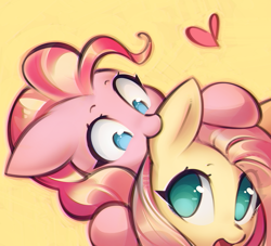 Size: 1220x1109 | Tagged: safe, artist:mirroredsea, character:fluttershy, character:pinkie pie, species:earth pony, species:pegasus, species:pony, ship:flutterpie, biting, cute, diapinkes, ear bite, female, floating heart, heart, lesbian, looking up, mare, nom, open mouth, shipping, shyabetes, simple background, smiling, surprised, wide eyes, yellow background