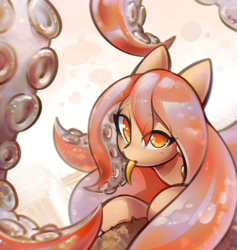 Size: 1235x1302 | Tagged: safe, artist:mirroredsea, oc, oc only, species:pony, abstract background, blep, female, i've seen enough hentai to know where this is going, licking, looking at you, mare, monster mare, monster pony, octopony, octopus, original species, shiny, silly, solo, tentacle pony, tongue out