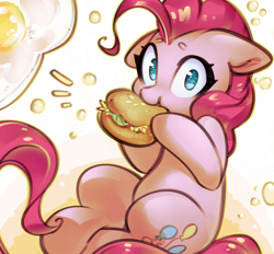 Size: 1404x1302 | Tagged: safe, artist:mirroredsea, character:pinkie pie, species:earth pony, species:pony, burger, cute, diapinkes, eating, female, floppy ears, food, hay burger, hooves, looking at you, mare, solo