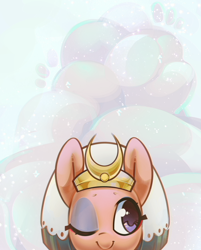 Size: 1302x1616 | Tagged: safe, artist:mirroredsea, character:somnambula, species:pegasus, species:pony, g4, abstract background, c:, cloud, cut, cute, female, head, head only, mare, one eye closed, peeking, smiling, solo, somnambetes, wink
