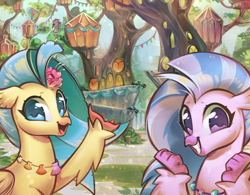 Size: 3502x2731 | Tagged: safe, artist:mirroredsea, character:princess skystar, character:silverstream, species:classical hippogriff, species:hippogriff, g4, my little pony: the movie (2017), cousins, cute, diastreamies, female, grin, hippogriffia, looking at you, mount aris, skyabetes, smiling