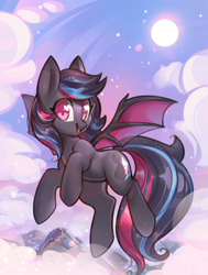 Size: 2654x3502 | Tagged: safe, artist:mirroredsea, oc, oc only, oc:neon darksky, species:bat pony, species:pony, g4, bat pony oc, bat wings, cloud, colored pupils, commission, cute, fangs, female, flying, heart eyes, mare, moon, mountain, ocbetes, open mouth, open smile, smiling, solo, three quarter view, wingding eyes, wings