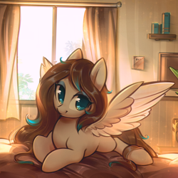 Size: 3402x3402 | Tagged: safe, artist:mirroredsea, oc, oc only, oc:amora bunny, species:pegasus, species:pony, bed, bedroom, commission, female, looking at you, lying down, mare, prone, solo, spread wings, wings