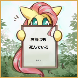 Size: 1200x1200 | Tagged: safe, artist:mirroredsea, editor:horsesplease, character:fluttershy, species:pony, cute, fluttershy's reiwa declaration, hokuto no ken, imminent death, japanese, meme, misspelling, omae wa mou shindeiru, shyabetes, stare, subversive kawaii, the stare, wat, why, you are already dead, お前はもう死んでいる
