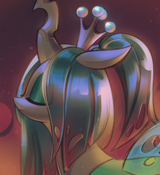 Size: 1097x1200 | Tagged: safe, artist:mirroredsea, character:queen chrysalis, species:changeling, alternate hairstyle, bust, changeling queen, crown, cute, cutealis, eye clipping through hair, eyes closed, female, floppy ears, jewelry, ponytail, portrait, profile, regalia, solo